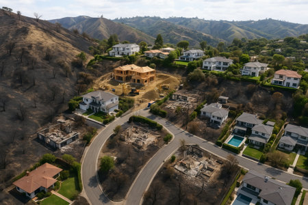 Aerial view of suburban neighborhood with wildfire destruction and houses in various states including ruins, surviving homes, and new construction. natural disaster aftermath, urban recovery.の写真素材