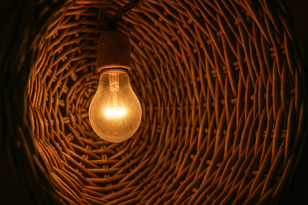 Warm glow from a cozy wicker lamp illuminating a simple space, emphasizing peaceful interiors and...