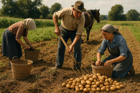 Traditional potato harvesting with farmers in rural field scene emphasizing simple lifestyle and agricultural labor in warm daylight.の写真素材