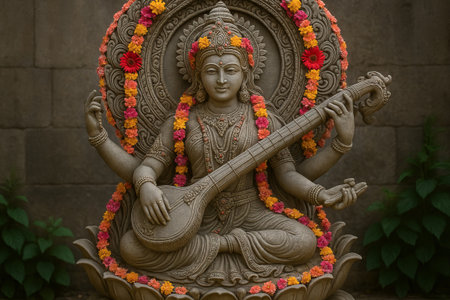 Intricately designed goddess saraswati statue adorned with vibrant flower garlands, celebrating...