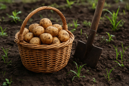 Basket of freshly harvested potatoes in the field with shovel nearby. concept of agriculture, potato farming, autumn harvesting season.の写真素材