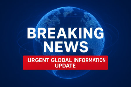 Breaking news graphic with urgent global information update against blue digital earth background. concept of global communication, news alert, media broadcast.の写真素材