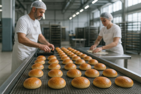 Bakery workers preparing freshly baked bread rolls in modern production facility. concept of industrial baking, fresh bakery goods, culinary preparation.の写真素材
