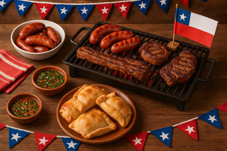 Traditional chilean asado with grilled meats and empanadas celebrating fiestas patrias with chilean flag and decorations. concept of cultural festivity, barbecue, national holiday.の写真素材