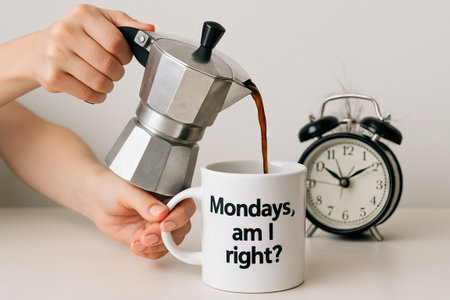 Cozy morning coffee ritual with retro alarm clock and inspirational mug for calm start to day. concept of relaxation, morning comfort, simple joy.の写真素材