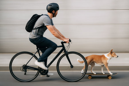 Man cycling with dog on skateboard in urban setting. concept of outdoor adventure, pet activity, urban exploration.の写真素材