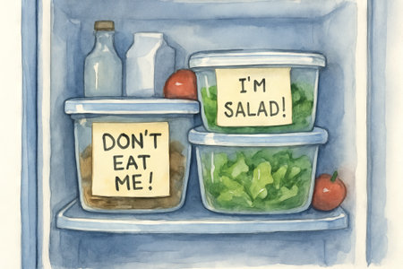 Watercolor illustration of funny notes on refrigerator containers with salad and food. concept of humorous kitchen decor, fridge organization, playful notes.の写真素材