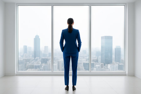 Businesswoman in a blue suit looking out of a window at a cityscape. concept of professional woman, urban view, career ambition.の写真素材