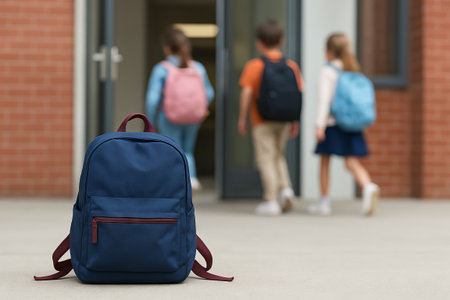 Blue backpack on the ground in front of a school entrance with children walking inside wearing different colored backpacks. concept of back-to-school, education, childhood, copy space.の写真素材