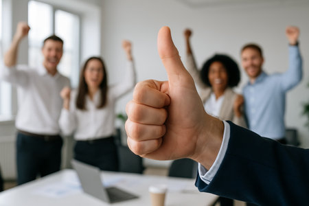 Business team celebrating success in office with happy expressions and thumbs up gesture. concept of team spirit, accomplishment, corporate celebrations.の写真素材