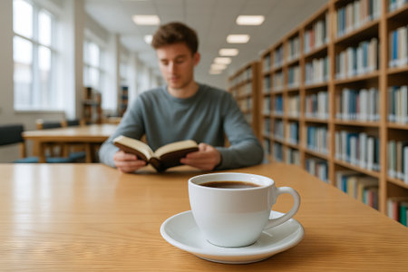 Young man reading a book in a peaceful library setting with a cup of coffee on a wooden table. concept of relaxation, learning, cozy atmosphere.の写真素材