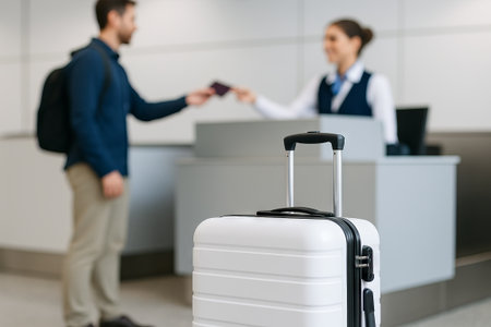 White suitcase in focus at airport check-in counter with businessman and receptionist in background. concept of travel essentials, airline service, airport lifestyle.の写真素材