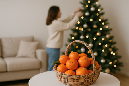 Basket of fresh tangerines with christmas tree in cozy living room. concept of holiday decor, seasonal fruit, festive atmosphere.の写真素材