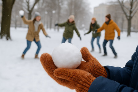 Winter fun with friends playing in the snow: snowball fight and warm mittens on a chilly day. concept of friendship, outdoor activity, winter enjoyment.の写真素材