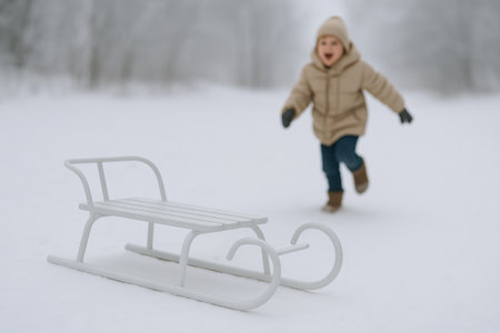 Child joyfully running towards sled on a snowy winter day. concept of childhood fun, winter outdoor play, joyful activities.の写真素材