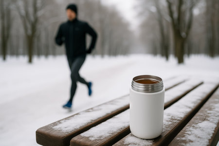 Thermos on park bench with person running in snowy winter scene. concept of outdoor fitness,...