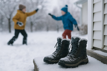 Snowy boots on porch with children playing in winter background. concept of children's winter fun, outdoor play, snow activities.の写真素材