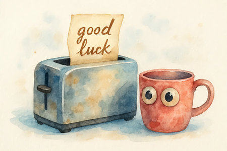 Watercolor illustration of a blue toaster with a note saying good luck and a red mug with eyes. concept of whimsical kitchen decor, positive message, creative morning routine.の写真素材