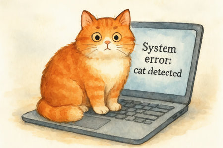 Watercolor illustration of orange cat sitting on laptop with humorous system error message. concept...