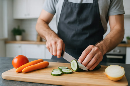 Man chopping fresh vegetables including carrots, cucumber, and onion on a wooden board in a kitchen. concept of healthy cooking, meal preparation, culinary skills.の写真素材