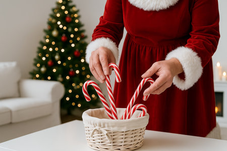 Cozy christmas scene with woman placing candy canes in basket near decorated tree. concept of holiday tradition, festive sweet decor, christmas celebration.の写真素材