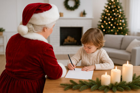 Young child writing a letter to santa with mrs. claus during festive christmas season at cozy home. concept of holiday traditions, christmas spirit, family celebrations.の写真素材