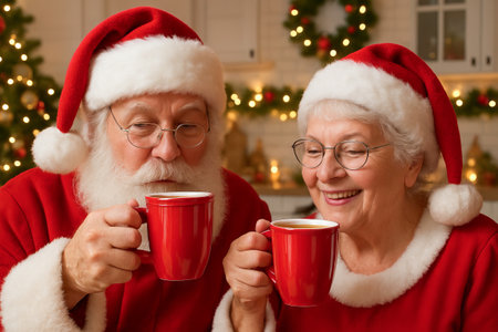 Santa and mrs claus enjoying hot cocoa in festive christmas kitchen setting, perfect holiday cheer and warmth for winter season celebration.の写真素材