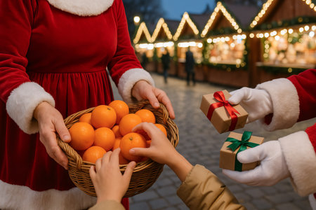 Festive holiday scene with person in red dress holding basket of oranges and santa presenting gifts at christmas market. concept of holiday spirit, joy, seasonal celebration.の写真素材