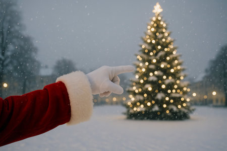 Santa claus pointing at christmas tree decorated with lights in snowy winter wonderland. concept of festive holiday tradition, christmas celebration, magical winter scene.の写真素材