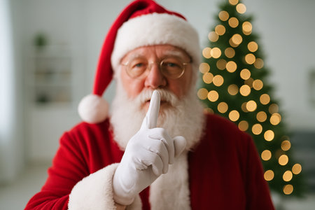 Santa claus whispering with finger on lips in front of lit christmas tree. concept of holiday silence, christmas magic, secret keeping.の写真素材