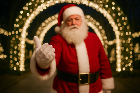 Santa claus in a park inviting visitors with festive lights during holiday season. concept of christmas celebration, festive spirit, cheerful atmosphere.の写真素材
