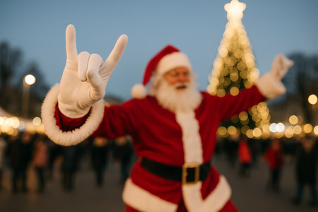 Rock santa enjoying festive holiday celebration in town square with christmas tree and lights. concept of holiday spirit, christmas festivity, joyful celebration.の写真素材