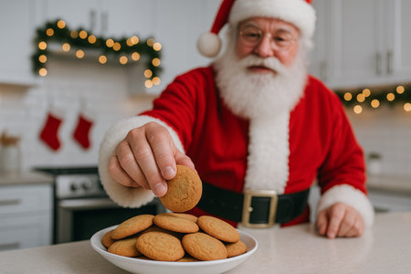 Santa claus in modern kitchen holding a cookie with festive christmas decor and warm lighting. concept of holiday spirit, christmas cheer, festive season.の写真素材