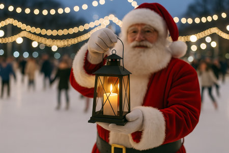 Santa claus holding lantern at outdoor winter festival with twinkling lights during christmas season. concept of holiday cheer, festive celebration, christmas magic.の写真素材