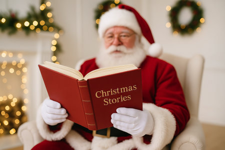 Santa claus reading christmas stories in cozy festive room with holiday decor. concept of christmas literature, holiday tradition, winter celebration.の写真素材