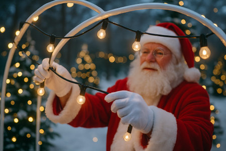 Santa claus setting up christmas lights in a festive park with snow-covered trees during winter...