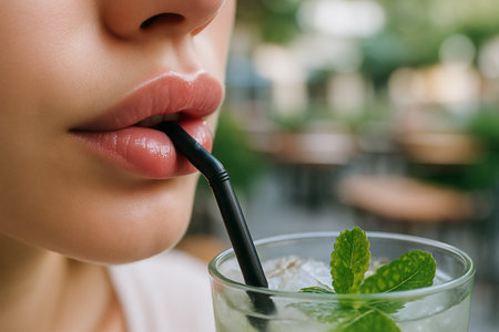 Close-up of young woman sipping refreshing cocktail with fresh mint in a cafe on a sunny summer day. concept of relaxation, refreshing drink, leisure time.の写真素材