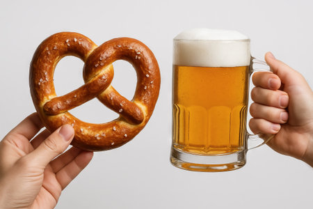 Hands holding beer and pretzel against simple background. concept of oktoberfest, refreshment, german cuisine, beer festival, traditional snack.の写真素材