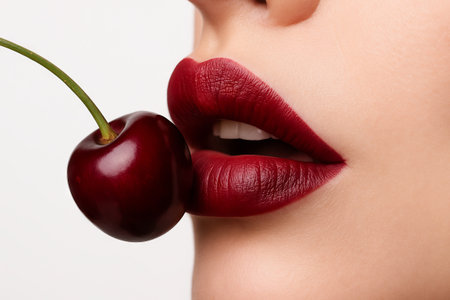 Close-up of cherry and wine-colored lips, concept of sensual beauty, lipstick expression, juicy fruit, temptation.の写真素材