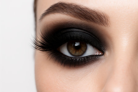 Close-up of smoky eyes makeup with elegant brown eyebrows and long lashes highlighting eye beauty. concept of eye makeup, beauty styling, glamorous look.の写真素材