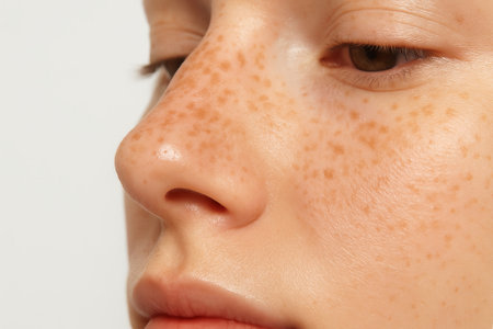 Close-up of freckled nose on caucasian woman highlighting unique skin features and natural beauty. concept of skin care, freckles, and individuality.の写真素材