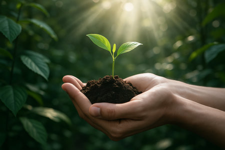 Hands holding a young green sprout in sunlit garden. concept of nature, growth, environmental care, sustainable development, planting future generations, new beginnings.の写真素材