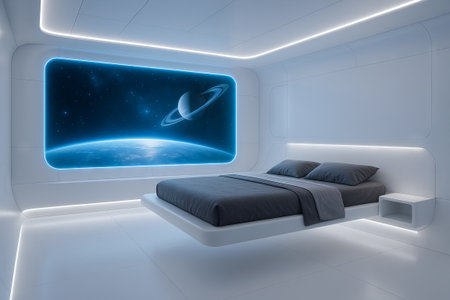 Futuristic bedroom with minimalist design featuring floating bed and earth space view from window illustration.の写真素材