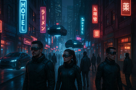 Futuristic street of the future with neon lights and floating cars in a sci-fi city illustration....
