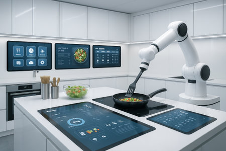 Futuristic smart kitchen with robotic arm cooking a healthy meal in a high-tech environment with interactive touch screens and modern appliances.の写真素材