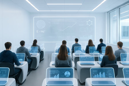 Futuristic classroom with holographic displays at university of the future, highlighting advanced technology, learning, and education innovation in a modern academic setting.の写真素材
