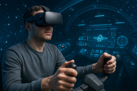 Virtual reality simulation of spacecraft navigation piloted by man with vr headset in futuristic spacecraft cockpit. concept of space exploration, advanced technology, immersive experience.の写真素材