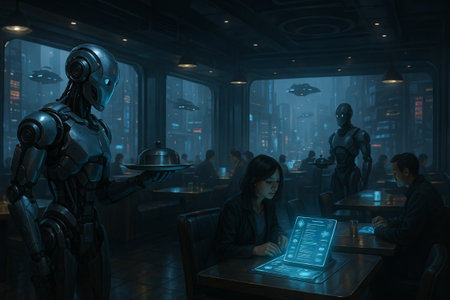 Futuristic restaurant scene with robots serving dinner to patrons in a high-tech urban environment during late evening. concept of automation, advanced technology, dining experience.の写真素材