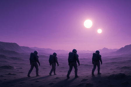 Astronauts exploring a purple alien planet with twin suns in a surreal futuristic landscape. concept...