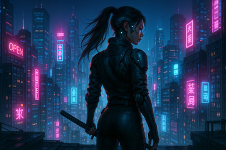 Cyberpunk scene with futuristic neon skyline and woman holding katana on rooftop. concept of urban adventure, futuristic cityscape, sci-fi atmosphere.の写真素材